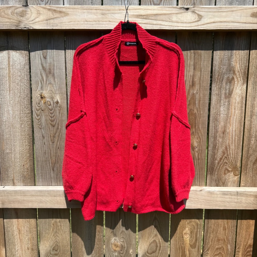 PrettyGarden Red Button Up Cardigan Sweater Oversized Mock Neck Wool Blend Small